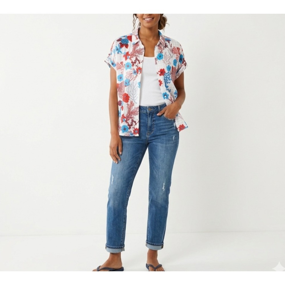 Jane Delancy Textured Floral Blouse L‎ Lightweight Coastal Chic Tropical Beach - Picture 2 of 7